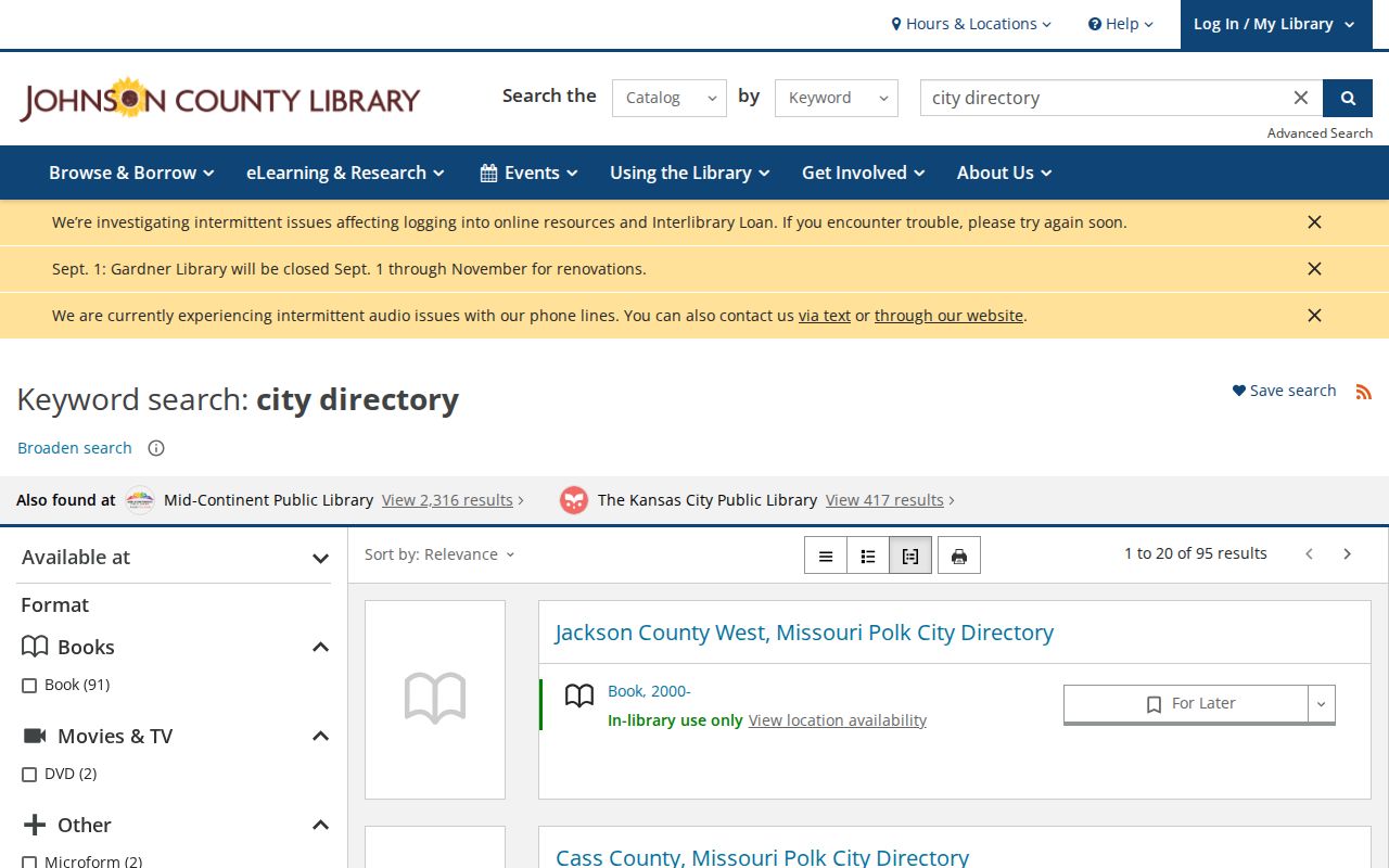 Johnson County Library catalog results for city directory collections used in Prairie Village research