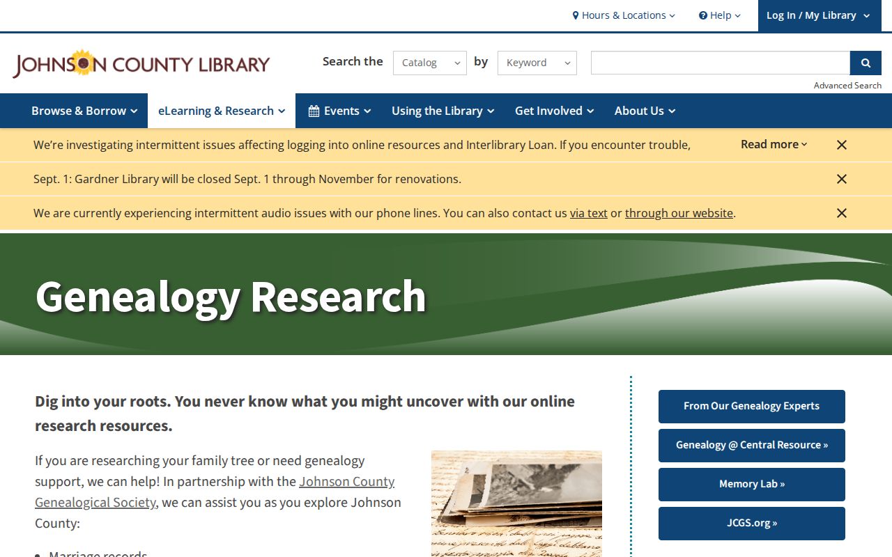 Johnson County Library genealogy resources for Prairie Village directory and obituary research