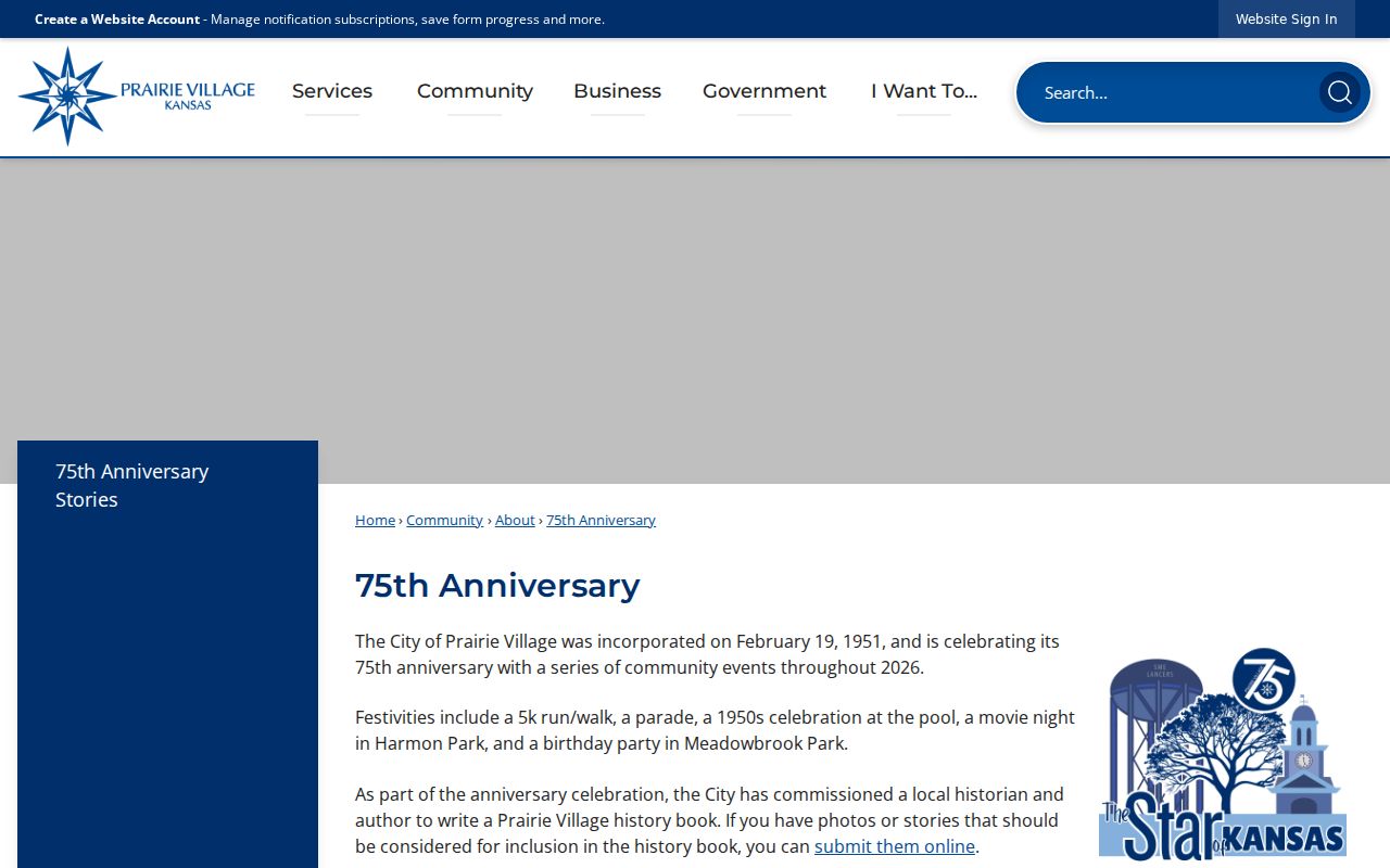 City of Prairie Village 75th anniversary local history page