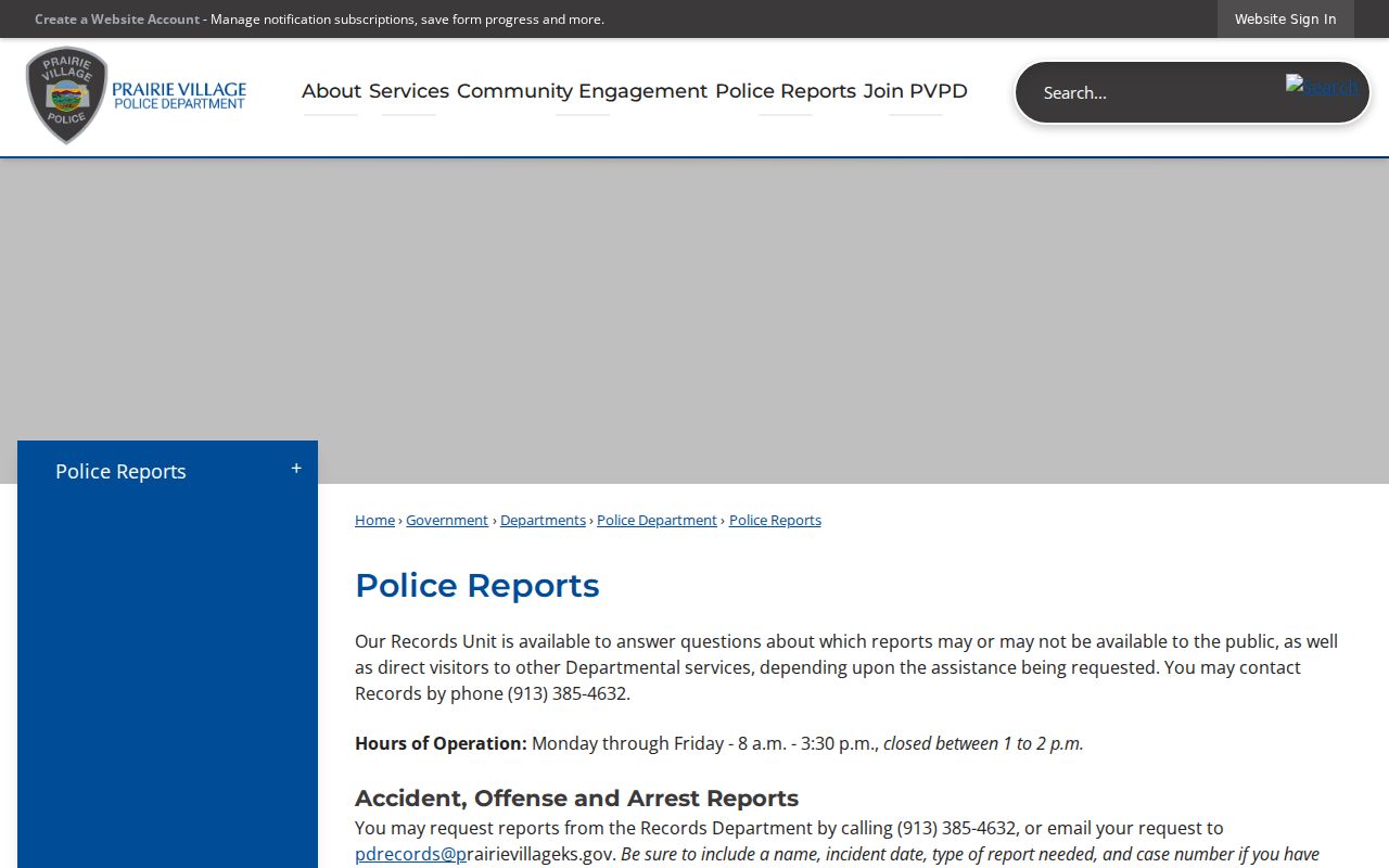 Prairie Village Police Records page for lawful address and incident requests