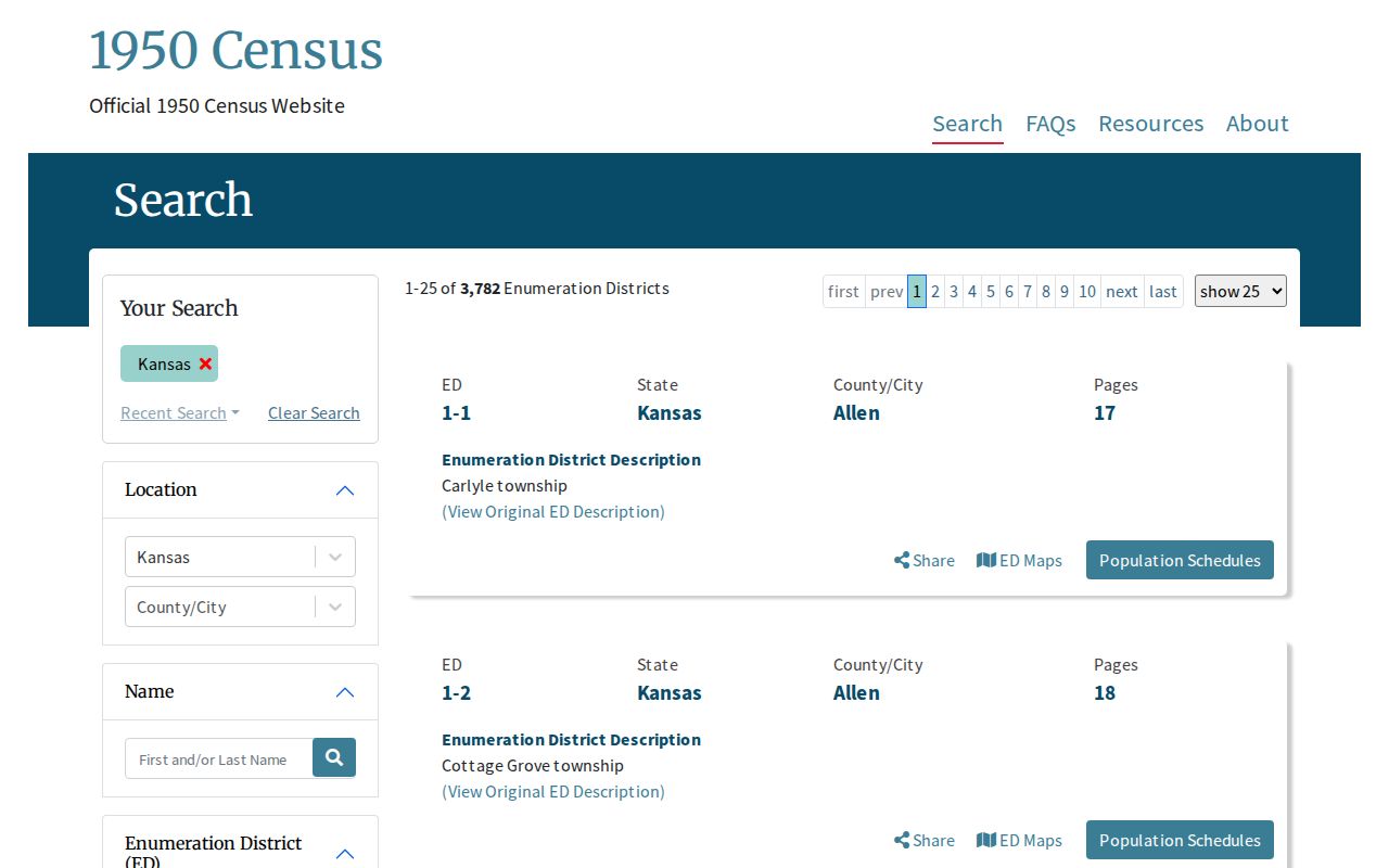 1950 Kansas census search used to confirm Prairie Village past households