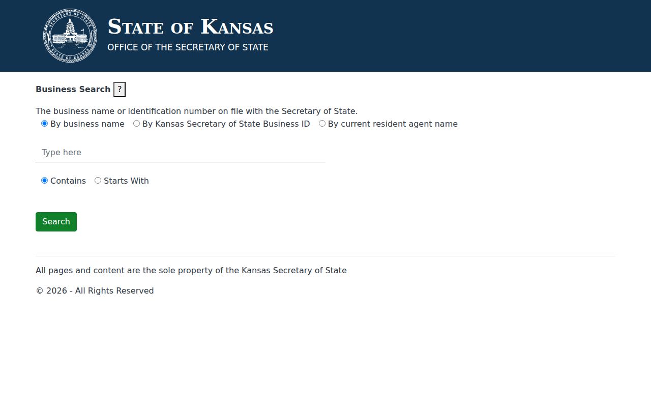 Kansas Secretary of State business entity search for verifying a Prairie Village business affiliation