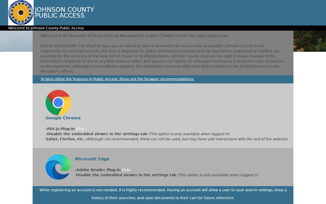Johnson County deed index access screen used for Prairie Village street records